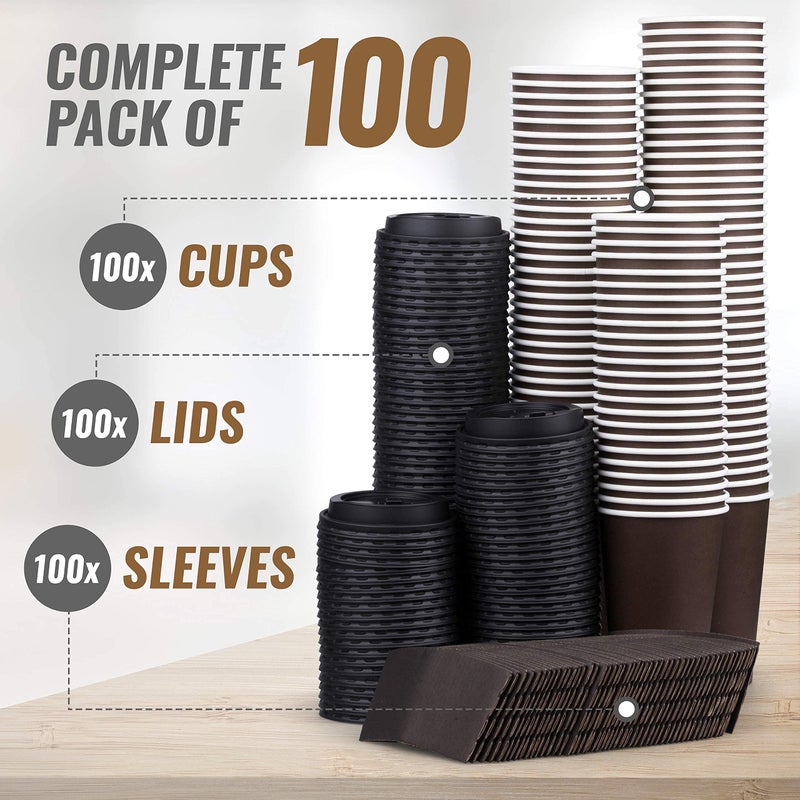 Promora 16 oz Disposable Brown Coffee Cups with Lids & Sleeves, Premium Paper Cups (100 Pack) - Image 4